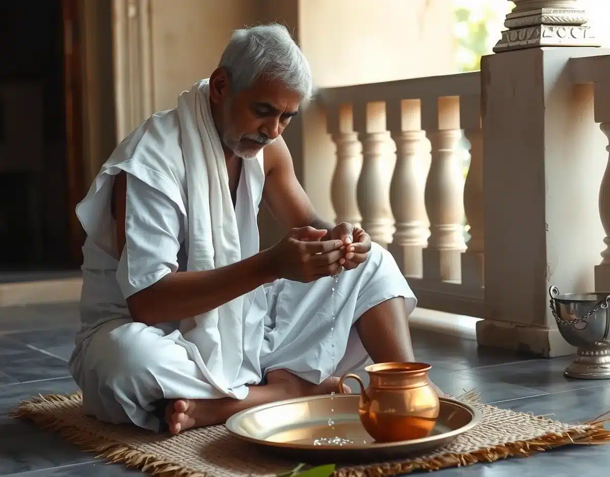 पितृ पक्ष और तर्पण विधि: रोज़ तर्पण कैसे करें, पूरी शास्त्रीय विधि, मंत्र, श्राद्ध के नियम और 2027 की तिथियाँ घर के बरामदे में आसन पर बैठकर अंजलि से तांबे की थाली में जल देते व्यक्ति