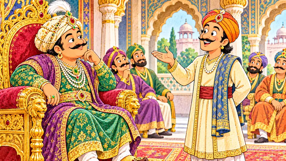 अकबर बीरबल की कहानियाँ: बच्चों के लिए सरल हिंदी में सभी मशहूर कहानियाँ, सीख के साथ Akbar birbal ki kahaniyan: मुग़ल दरबार में सिंहासन पर बैठे बादशाह अकबर और सामने खड़े मुस्कुराते बीरबल