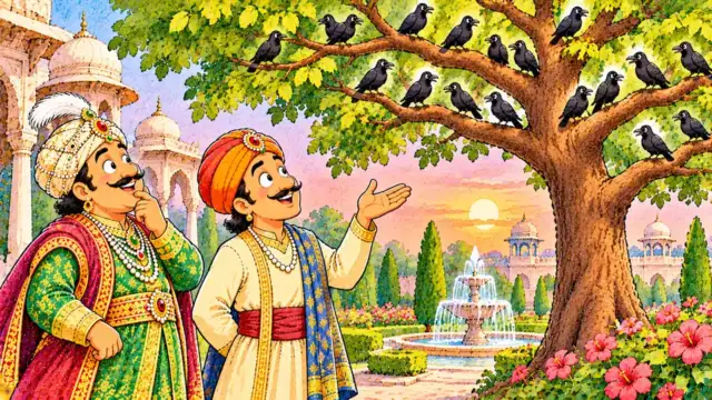 Rajya mein kitne kauve: महल के बाग़ में बादशाह अकबर और बीरबल पेड़ पर बैठे कौओं को देखते हुए