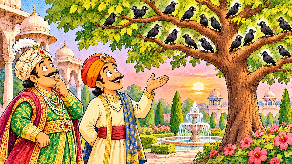 राज्य में कितने कौए हैं? अकबर बीरबल की कहानी, सीख और 5 लाइन में Rajya mein kitne kauve: महल के बाग़ में बादशाह अकबर और बीरबल पेड़ पर बैठे कौओं को देखते हुए