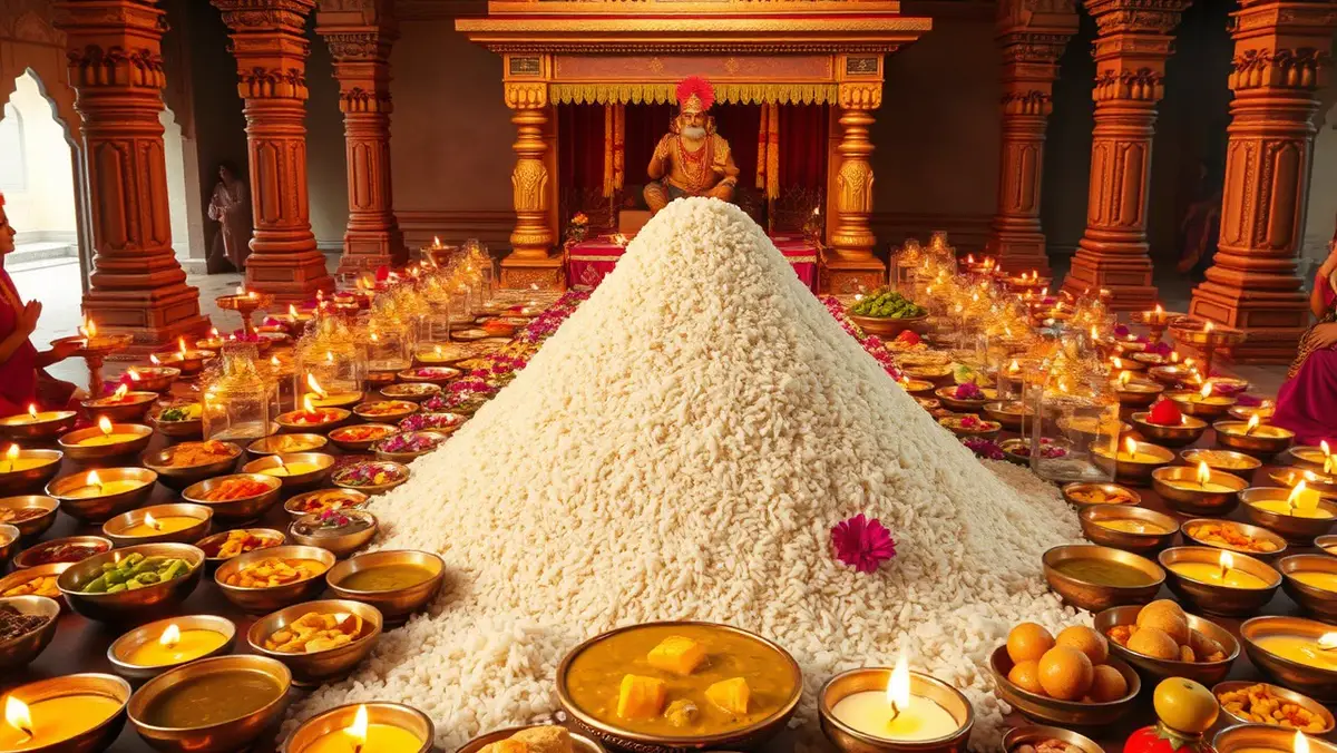 गोवर्धन पूजा 2026: पूरी कथा, पूजा विधि, शुभ मुहूर्त, अन्नकूट और परिक्रमा Annakut: मंदिर में चावल का ऊँचा ढेर और उसके चारों ओर कटोरियों में तरह तरह के व्यंजन और दीपक
