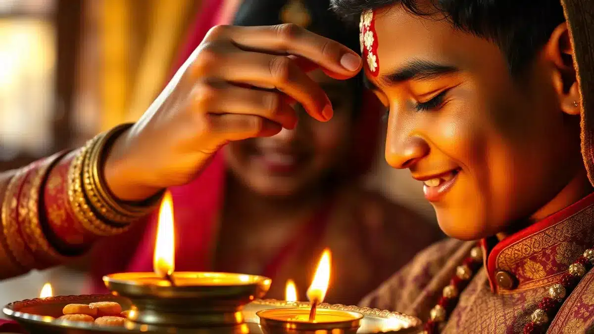 भाई दूज 2026: पूरी कथा, तिलक का शुभ मुहूर्त, पूजा विधि और थाली की सामग्री Bhai Dooj katha: बहन भाई के माथे पर रोली और अक्षत का तिलक लगाती हुई, सामने दीपक वाली थाली