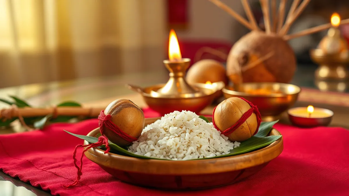 गौरी गणेश पूजन विधि मंत्र सहित: संपूर्ण वैदिक विधि, सामग्री और आसान तरीका Gauri Ganesh pujan vidhi: पान के पत्ते और अक्षत पर मौली लिपटी दो सुपारियाँ, पीछे दीपक और कलश
