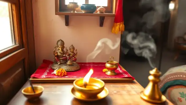 Dainik puja vidhi: सुबह की रोशनी में घर का छोटा मंदिर, जलता दीपक, फूल और पीतल की मूर्तियाँ
