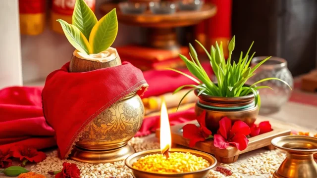 Durga puja vidhi: लाल चुनरी में लिपटे नारियल वाला कलश, जौ के अंकुर और जलती अखंड ज्योति