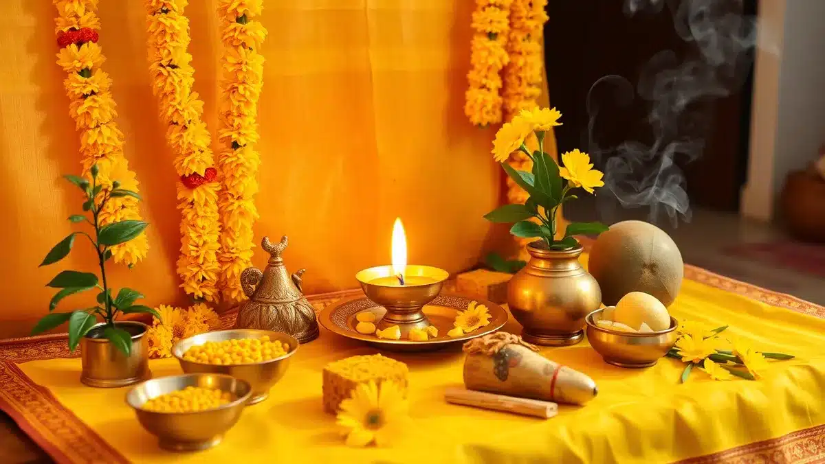 बृहस्पतिवार व्रत कथा (Brihaspativar Vrat Katha): पूरी कथा, पूजा विधि, नियम और उद्यापन Brihaspativar vrat katha: गुरुवार पूजा के लिए सजा पीला पूजा स्थान, दीपक, गेंदे की माला और चने की दाल