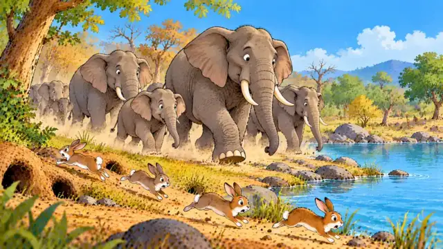 Hathi aur khargosh ki kahani: तालाब की ओर जाता हाथियों का झुंड और बिलों से भागते खरगोश