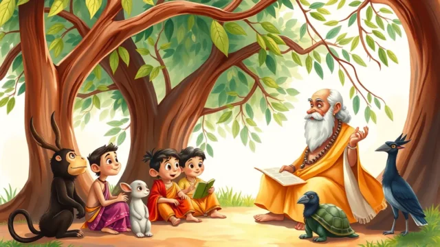 Panchatantra ki kahaniyan: बरगद के पेड़ के नीचे आचार्य विष्णु शर्मा तीन राजकुमारों को कहानी सुनाते हुए, पास में बैठे जानवर