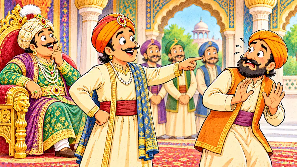 चोर की दाढ़ी में तिनका की कहानी (अकबर बीरबल): मुहावरे का मतलब, सीख और 5 लाइन में बीरबल उस नौकर की तरफ़ इशारा करते हुए और बादशाह अकबर मुस्कुराते हुए