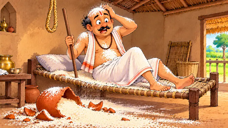 ब्राह्मण का सपना (सत्तू की हाँडी) की कहानी, पंचतंत्र: हवाई किले बनाने का नतीजा, बच्चों के लिए सरल हिंदी में सत्तू से सफ़ेद हुआ हैरान ब्राह्मण, हाथ में लाठी और ज़मीन पर फूटी हाँडी