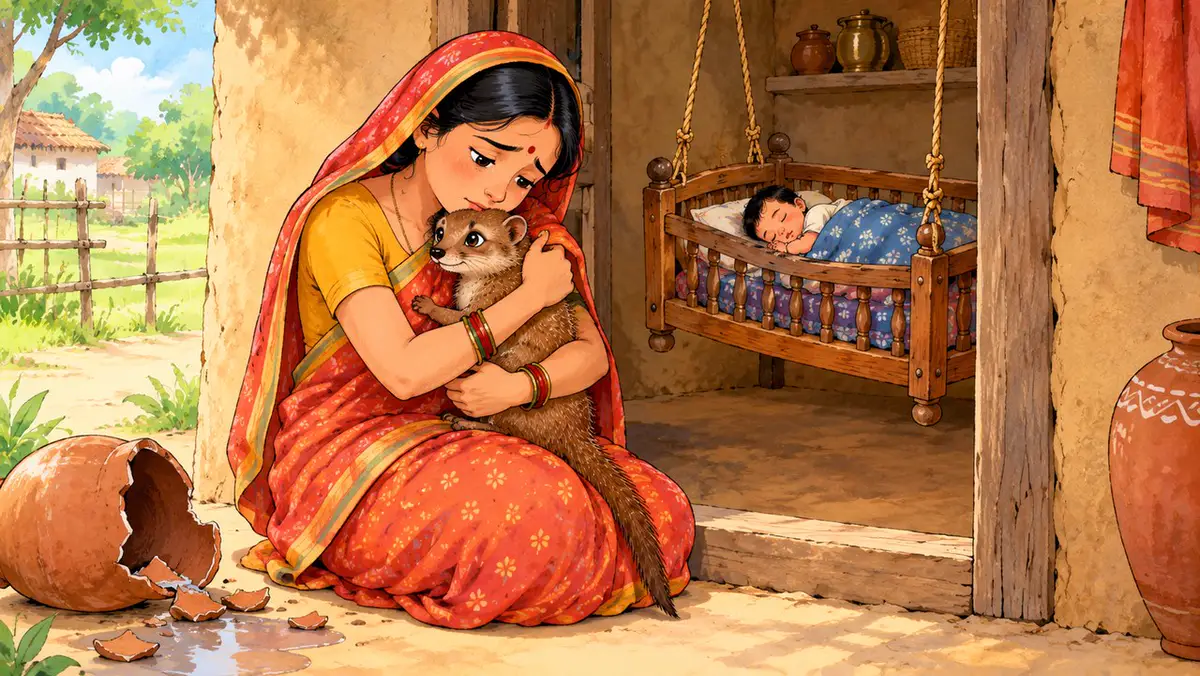ब्राह्मणी और नेवला की कहानी (पंचतंत्र): बच्चों के लिए सरल हिंदी में, सीख के साथ नेवले को गले लगाकर पछताती ब्राह्मणी, पीछे पालने में सुरक्षित सोता बच्चा और टूटा घड़ा