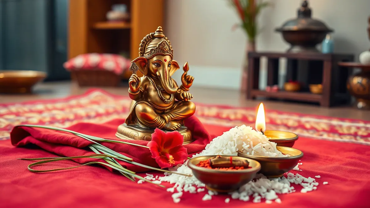 गौरी गणेश पूजन विधि मंत्र सहित: संपूर्ण वैदिक विधि, सामग्री और आसान तरीका गणेश जी की पीतल की मूर्ति, दूर्वा, लाल गुड़हल का फूल, अक्षत और दीपक