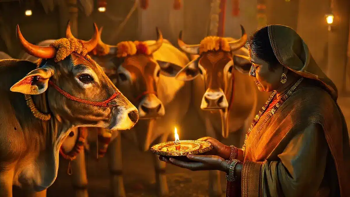 गोवर्धन पूजा 2026: पूरी कथा, पूजा विधि, शुभ मुहूर्त, अन्नकूट और परिक्रमा Gau puja: सजी हुई गायों के सामने दीपक वाली थाली लिए पूजा करती महिला