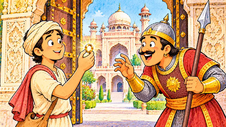 अकबर और बीरबल की पहली मुलाक़ात: महेश दास कैसे बने बीरबल, पूरी कहानी और सीख महल के दरवाज़े पर पहरेदार से बात करता महेश दास, हाथ में अंगूठी