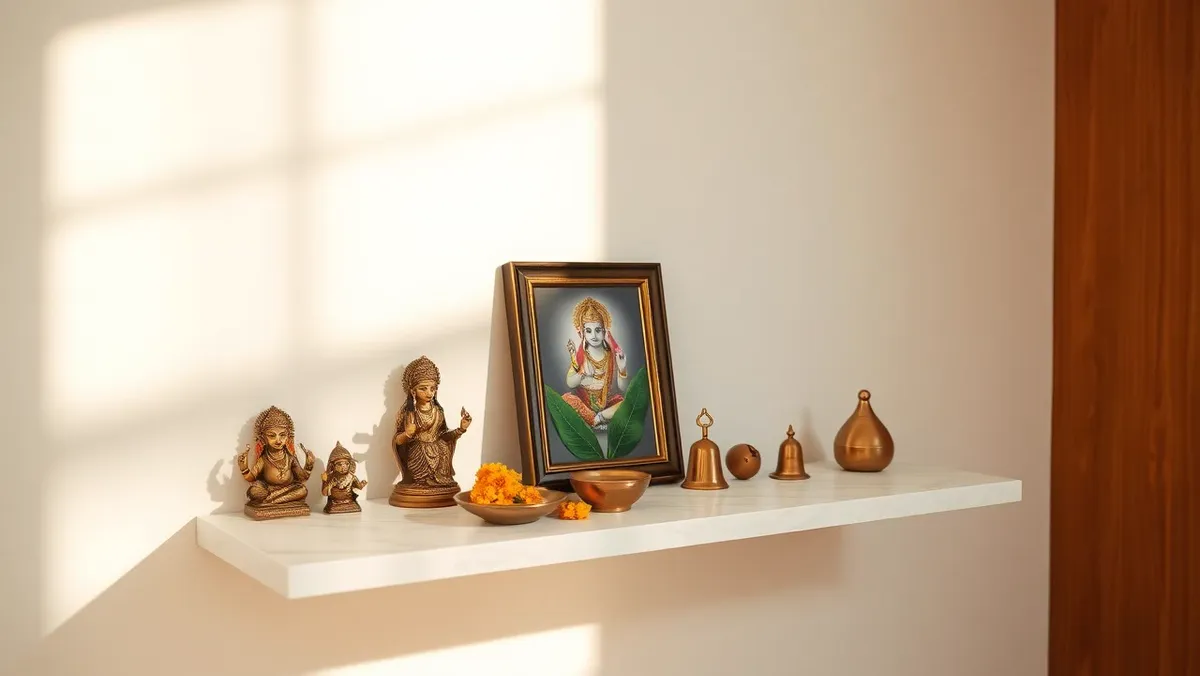 दैनिक पूजा विधि: घर के मंदिर में रोज़ पूजा कैसे करें, मंत्र सहित पूरा क्रम Ghar ka mandir: दीवार पर बनी सफ़ेद शेल्फ़ पर पीतल की छोटी मूर्तियाँ, भगवान का चित्र, फूल और घंटी