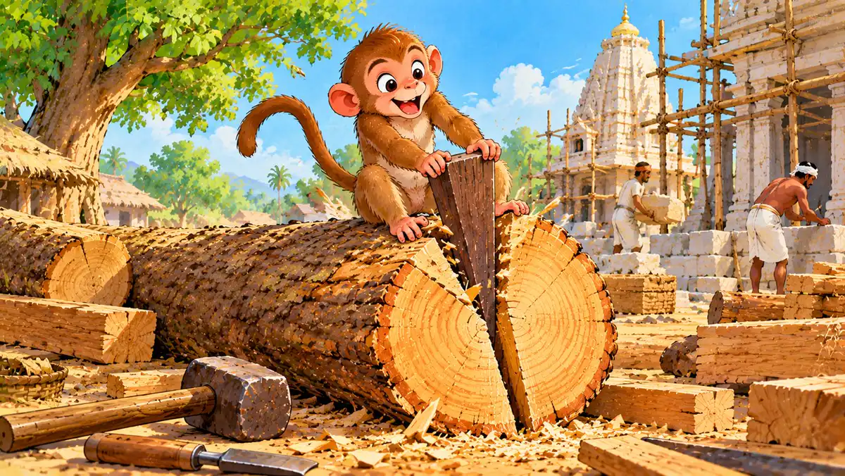बंदर और लकड़ी के खूँटे की कहानी (पंचतंत्र): नटखट बंदर की सीख, बच्चों के लिए सरल हिंदी में लट्ठे पर बैठकर दोनों हाथों से खूँटा खींचता नटखट बंदर