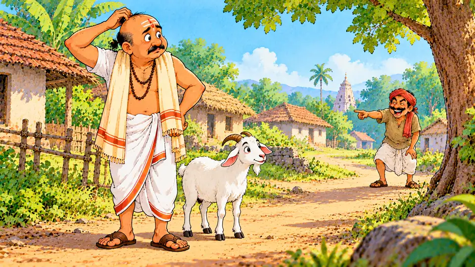 ब्राह्मण और तीन ठग की कहानी (पंचतंत्र): बकरी को कुत्ता बताने वाली चालाकी, बच्चों के लिए सरल हिंदी में बकरी के पास खड़ा उलझन में सिर खुजाता ब्राह्मण, दूर से हँसता हुआ ठग