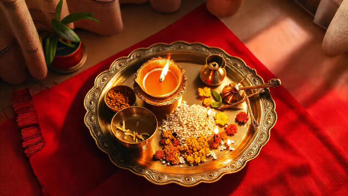 दैनिक पूजा विधि: घर के मंदिर में रोज़ पूजा कैसे करें, मंत्र सहित पूरा क्रम Puja thali: पीतल की थाली में दीपक, रोली, हल्दी, चावल, फूल, तुलसी, घंटी और लोटा