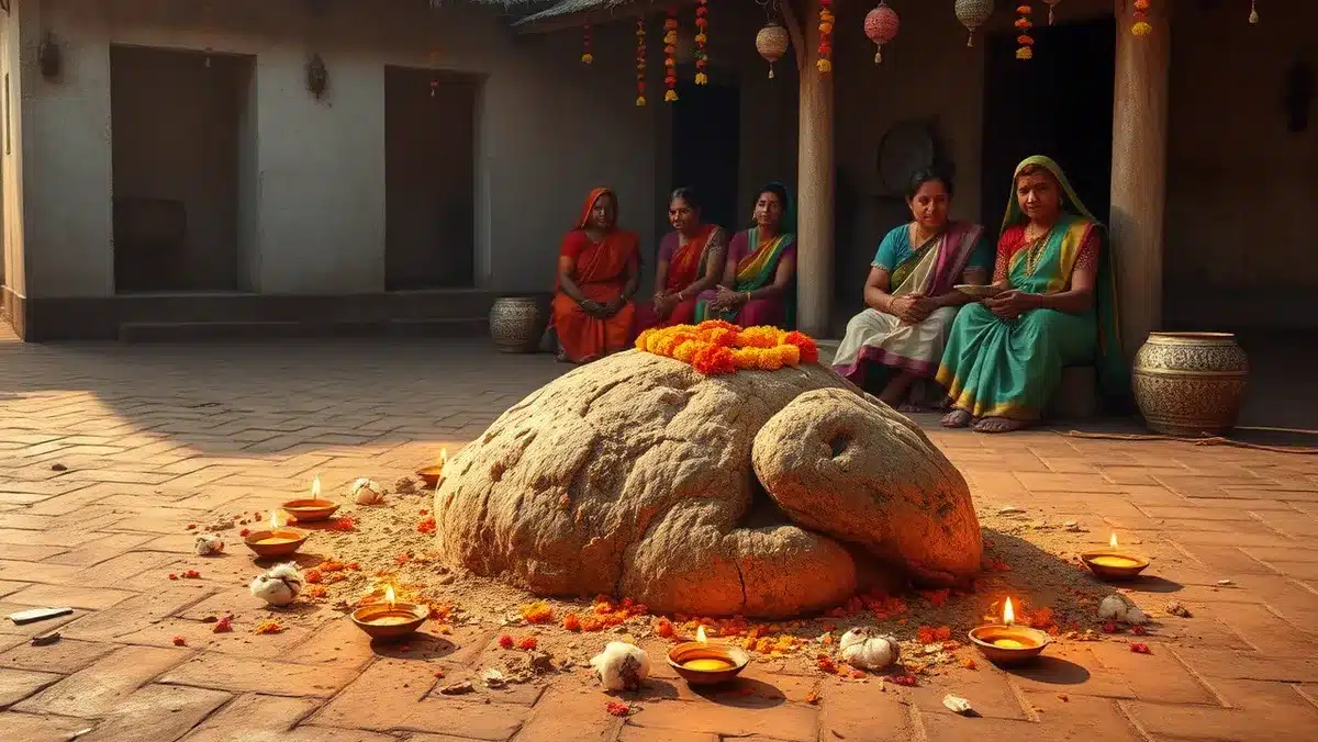 गोवर्धन पूजा 2026: पूरी कथा, पूजा विधि, शुभ मुहूर्त, अन्नकूट और परिक्रमा Govardhan puja vidhi: आँगन में गोबर से बने गोवर्धन जी, फूलों और दीयों से सजे, पास में थाली लिए महिलाएँ