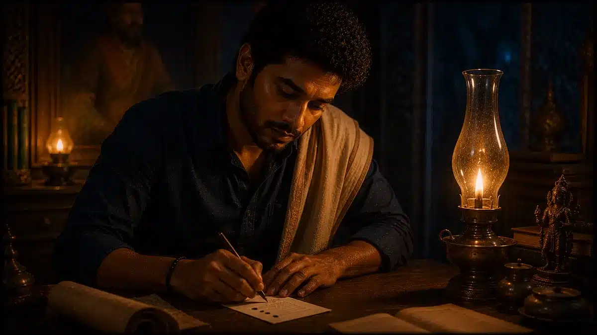 Geeta Shlok for Students: छात्रों के लिए गीता के 15 श्लोक अर्थ सहित दीपक की रोशनी में ध्यान से लिखता हुआ युवा