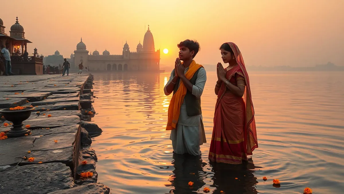 भाई दूज 2026: पूरी कथा, तिलक का शुभ मुहूर्त, पूजा विधि और थाली की सामग्री Yam dwitiya: सूर्योदय के समय यमुना के घाट पर पानी में खड़े भाई बहन हाथ जोड़कर प्रार्थना करते हुए