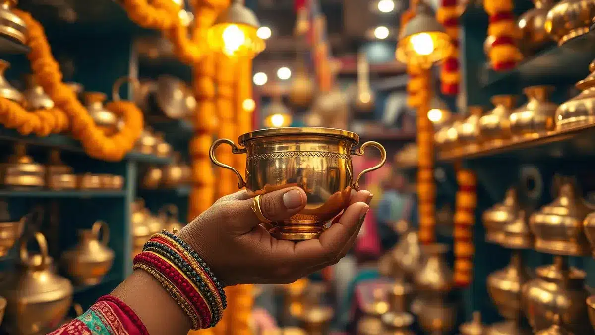 धनतेरस 2026: पूजा विधि, कथा, शुभ मुहूर्त, यम दीपदान और क्या ख़रीदें Dhanteras par kya kharidein: बर्तनों की दुकान में नया पीतल का बर्तन हाथ में लिए महिला
