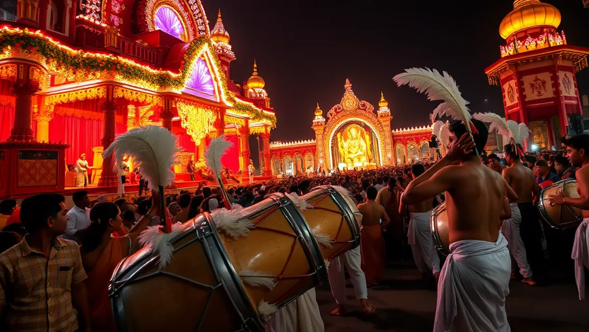 दुर्गा पूजा विधि 2026: नवरात्रि कलश स्थापना मुहूर्त (पटना, रांची, कोलकाता), पूजा विधि, सप्तशती पाठ, कथा और विसर्जन Durga puja: रोशनी से सजे पंडाल के सामने ढाक बजाते ढाकी और उत्सव में शामिल भीड़