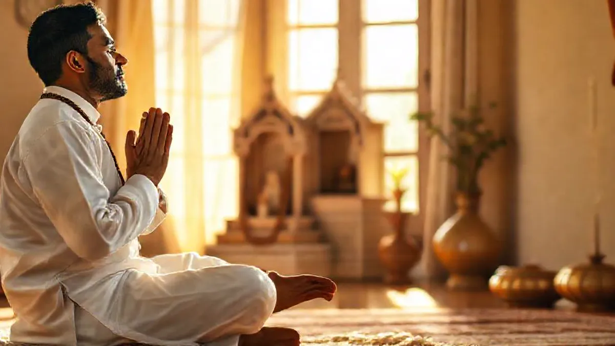 दैनिक पूजा विधि: घर के मंदिर में रोज़ पूजा कैसे करें, मंत्र सहित पूरा क्रम Mantra jap: घर के मंदिर के सामने आसन पर बैठकर माला से जप करता व्यक्ति