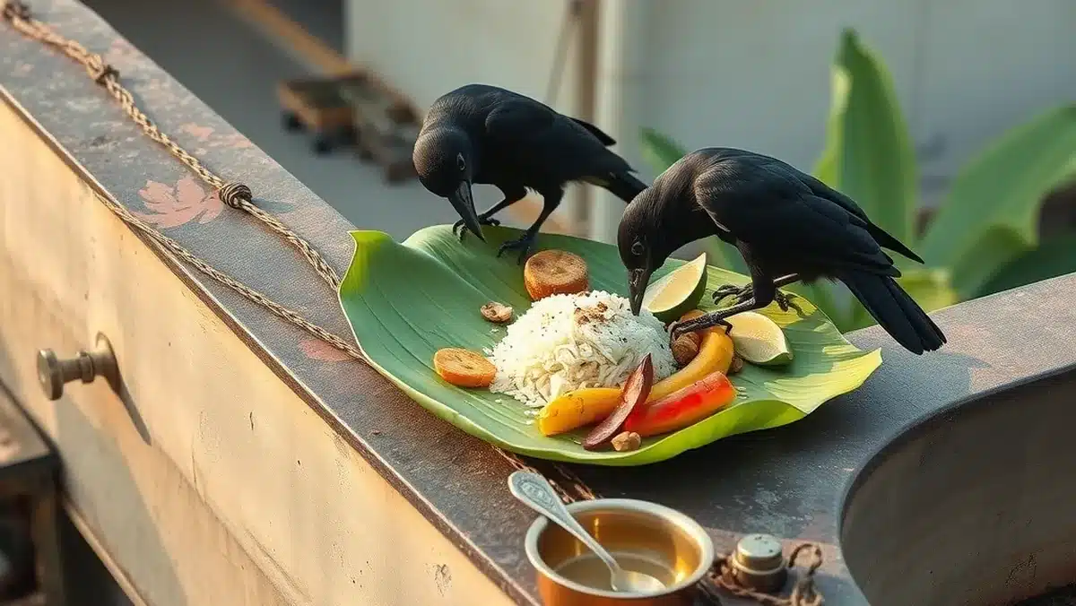 पितृ पक्ष और तर्पण विधि: रोज़ तर्पण कैसे करें, पूरी शास्त्रीय विधि, मंत्र, श्राद्ध के नियम और 2027 की तिथियाँ केले के पत्ते पर रखा भोजन खाते दो कौए