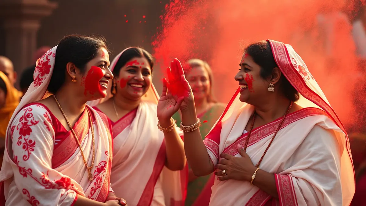 दुर्गा पूजा विधि 2026: नवरात्रि कलश स्थापना मुहूर्त (पटना, रांची, कोलकाता), पूजा विधि, सप्तशती पाठ, कथा और विसर्जन Sindoor khela: लाल किनारी वाली सफ़ेद साड़ियों में एक दूसरे को सिंदूर लगाती महिलाएँ