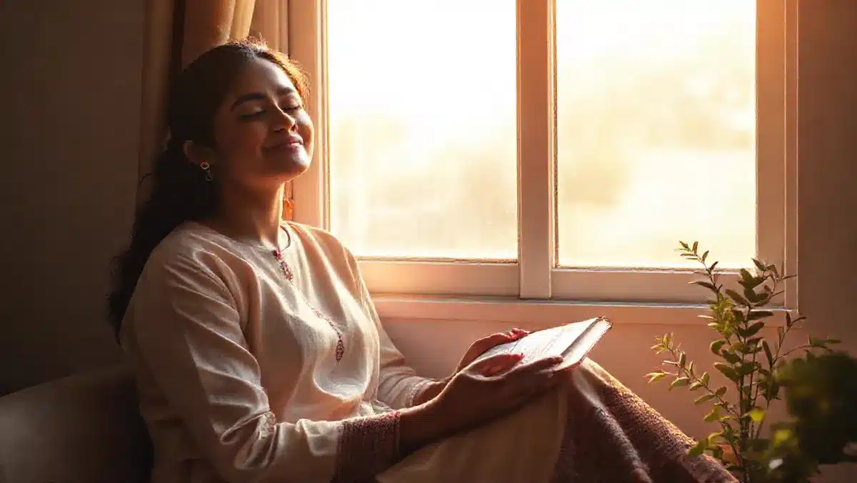 The Power by Rhonda Byrne Book Summary in Hindi: प्रेम की शक्ति, भावनाएँ और आकर्षण का नियम The Power book summary in Hindi: सुबह की रोशनी में मुस्कुराती महिला, हाथ में डायरी, कृतज्ञता का अभ्यास