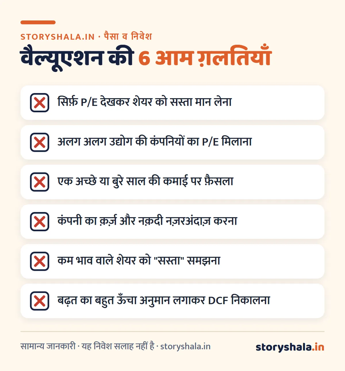 स्टॉक वैल्यूएशन क्या है? शेयर की असली क़ीमत कैसे निकालें: P/E, P/B, PEG, EV/EBITDA, DCF, उदाहरण और 6 आम ग़लतियाँ (Stock Valuation in Hindi) स्टॉक वैल्यूएशन क्या है: 6 आम ग़लतियाँ, सिर्फ़ P/E, अलग उद्योग, एक साल की कमाई, क़र्ज़, कम भाव, ऊँचा अनुमान